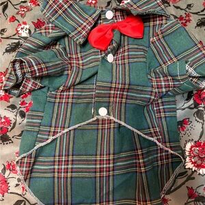 Plaid Green dog Shirt with Red Bow